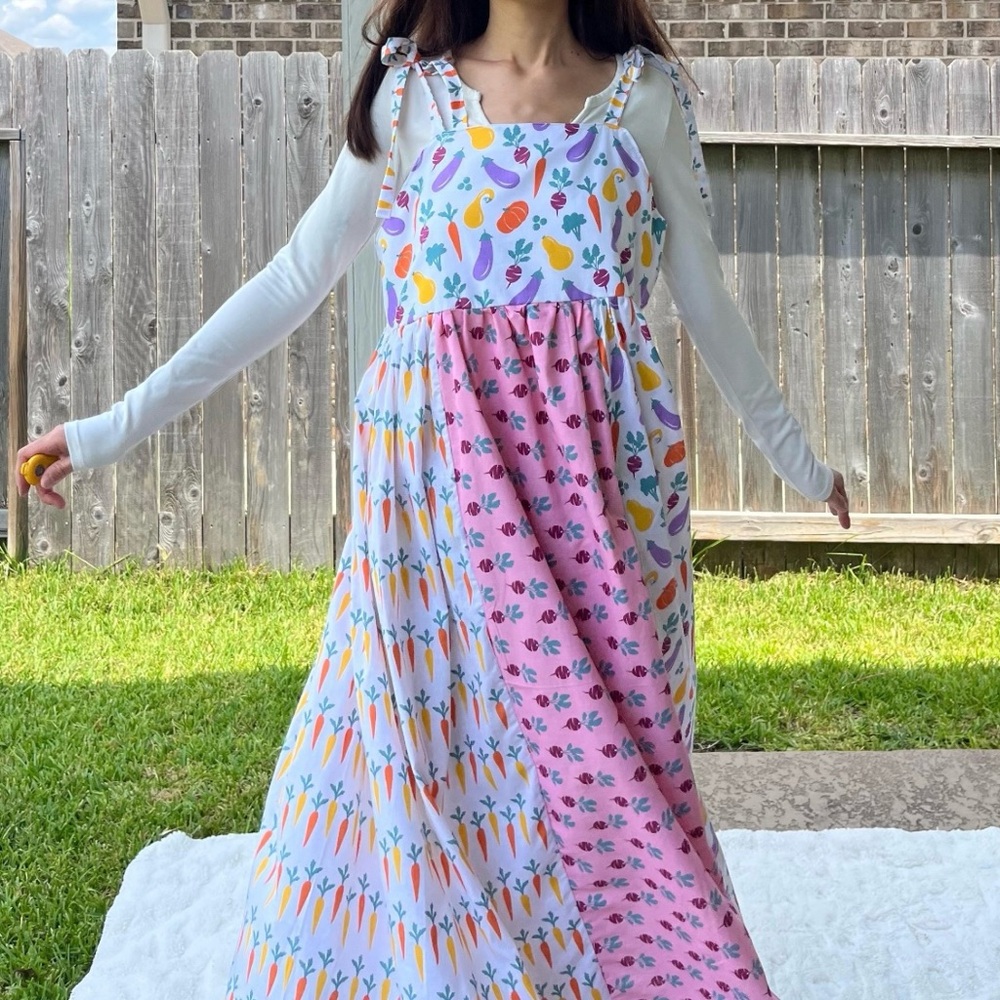 Whimsical Veggie Garden Dress Handmade with Shoulder Ties | SKU 08031 - Picture 2 of 10